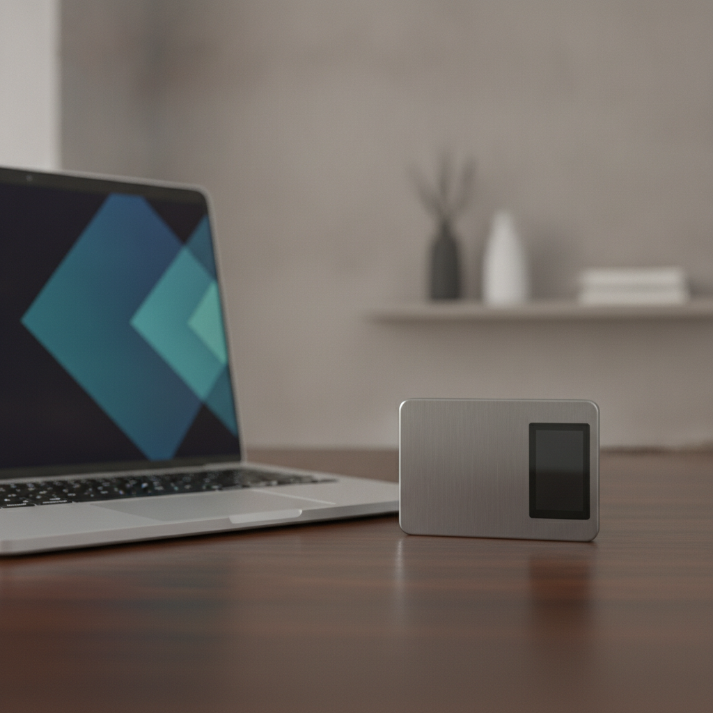 Hardware wallet naast laptop